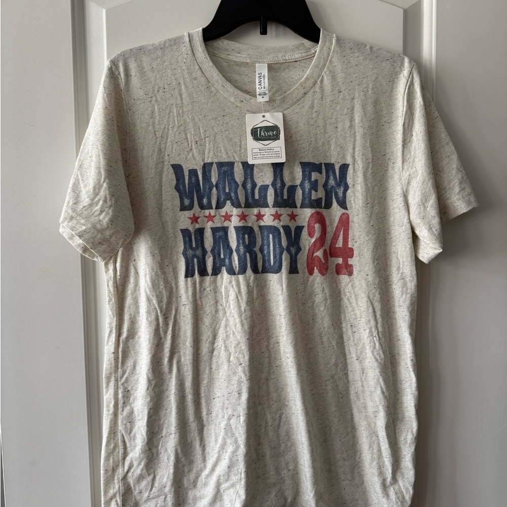 Bella Canvas Cream Graphic Tee with Blue and Red Print Wallen Hardy